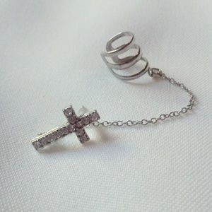 Rhinestone Post Cross w Chained Ear Cuff